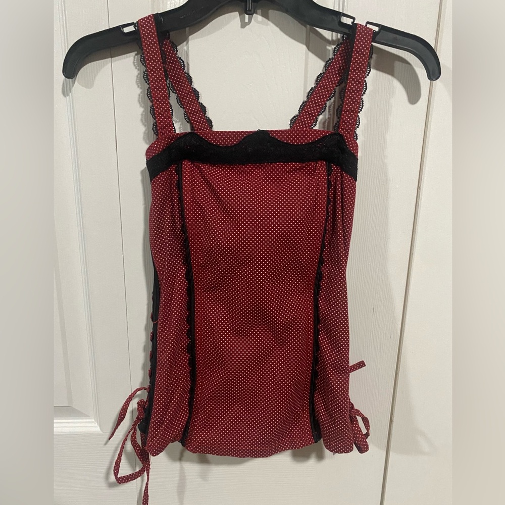 tripp nyc white polka dot boned corset black and red